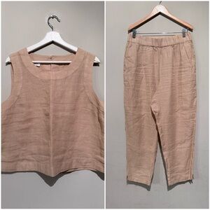 HAVEN WELL WITHIN 2 Pc Outfit Set 100% Linen Tan Pants/Top Women L Spring Summer